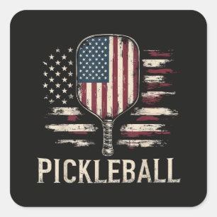 Pickleball-Spieler US-Flagge Retro-Paddleball Quadratischer Aufkleber