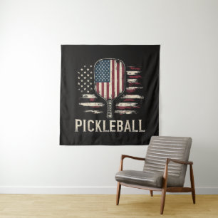 Pickleball-Spieler US-Flagge Retro-Paddleball Wandteppich