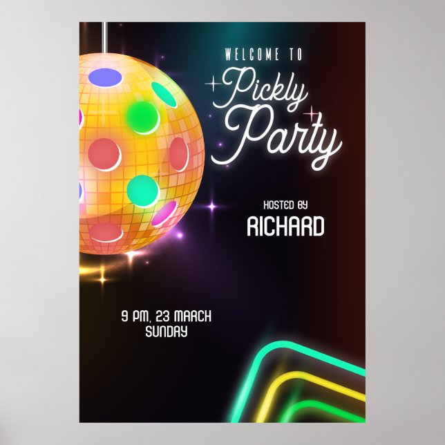 Pickleball Sports Neon Thema Diskothek Party Poster (Vorne)