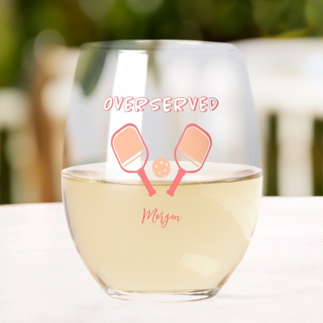 Pickleball Sports Pub Individuelle Name Peach Oran Weinglas Ohne Stiel (Pickleball Sports Pun Custom Name Peach Orange Stemless Wine Glass)
