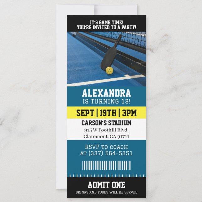 Pickleball-Ticket Geburtstag Einladung (Vorderseite)