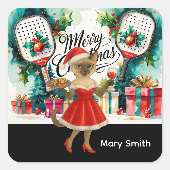 Pickleball Weihnachten Thema für Cat Lovers Quadratischer Aufkleber (Vorderseite)