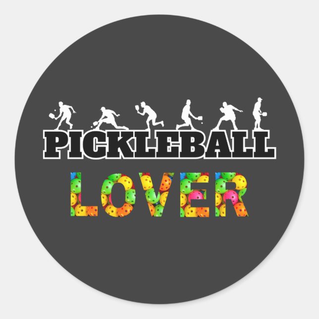 Pickleball Word Male Silhouetten Lover Ball Runder Aufkleber (Vorderseite)