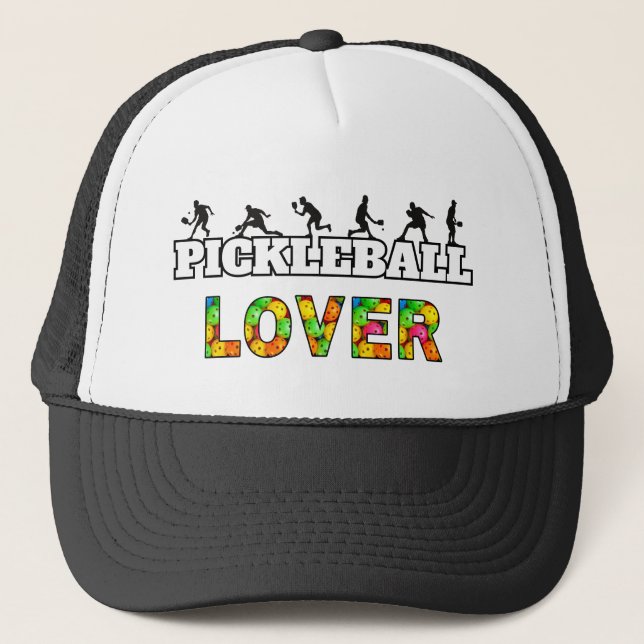 Pickleball Word Male Silhouetten Lover Ball Truckerkappe (Vorderseite)