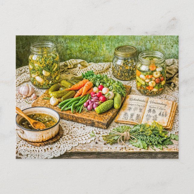 Pickled Cucumbers and Fresh Vegetables in Rustic V Postkarte (Vorderseite)