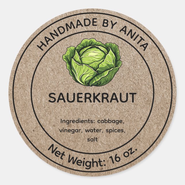 Pickled Sauerkraut Jar Label Kraft Themed Runder Aufkleber (Vorderseite)