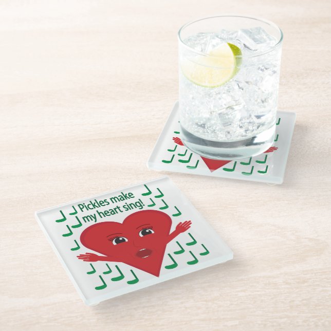 "Pickles machen mein Herz zum singen!" Gesangsherz Glasuntersetzer (Schrägansicht)