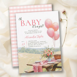 Picknick Ballons Wildblumen Rosa Mädchen Baby-Part Einladung
