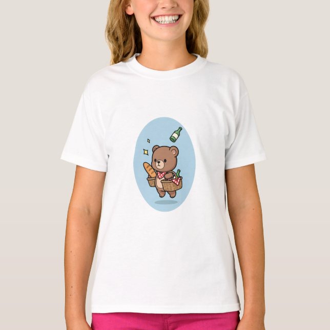 Picknick-Bär-Baguette-Getränk-Kinder T-Shirt (Vorderseite)