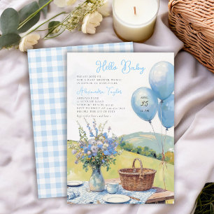 Picknick Blaue Luftballons Wildblumen Junge Baby-P Einladung