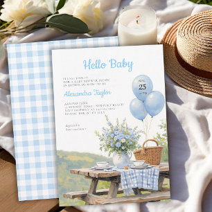 Picknick-Park-Ballons Floral Blau Junge Baby-Party Einladung