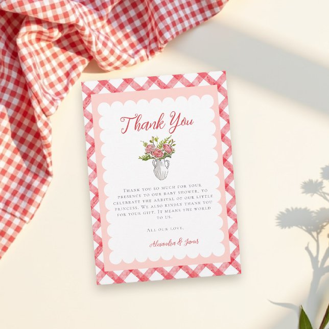 Picknick Sommer Rot Gingham Babyshower Dankeschön (picnic baby shower thank you card template custom gingham floral sketch elegant summer chic)