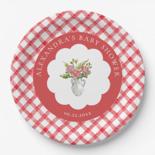 Picknick Sommer Rot Weiß Gingham Blumen Baby Showe Pappteller