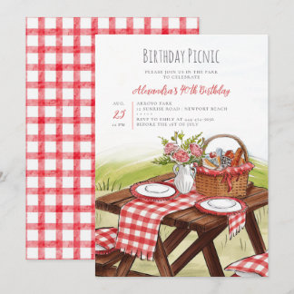 Picknicktisch Aquarell Sommer Rot 40. Geburtstag Einladung
