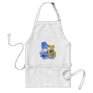 Picknicktuch aus blauem Karo mit drei alten Teddyc Schürze