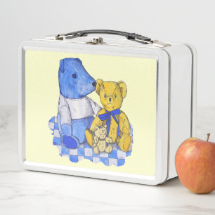 Picknicktuch aus blauem Karo mit drei Teddybären Metall Brotdose