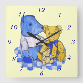 Picknicktuch aus blauem Karo mit drei Teddybären Quadratische Wanduhr