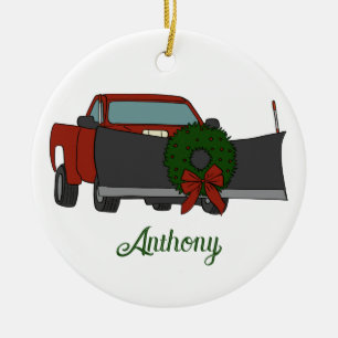 Pickup Truck with Snowplow and Christmas Wreath Keramik Ornament