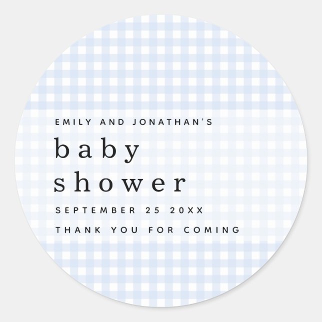 Picnic Baby Shower Names Blue Gingham Runder Aufkleber (Vorderseite)