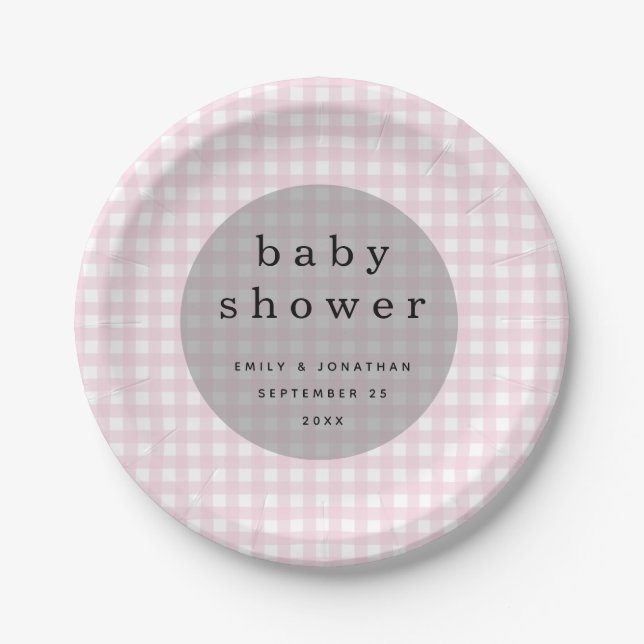 Picnic Baby Shower Names Date Pink Gingham Pappteller (Vorderseite)