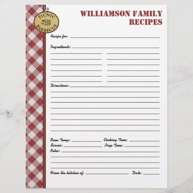 Picnic Barbecue Red Checkered Custom Rezept Page (Vorderseite)