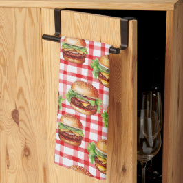 Picnic Burger Delight Retro Gingham & Cheeseburger Geschirrtuch