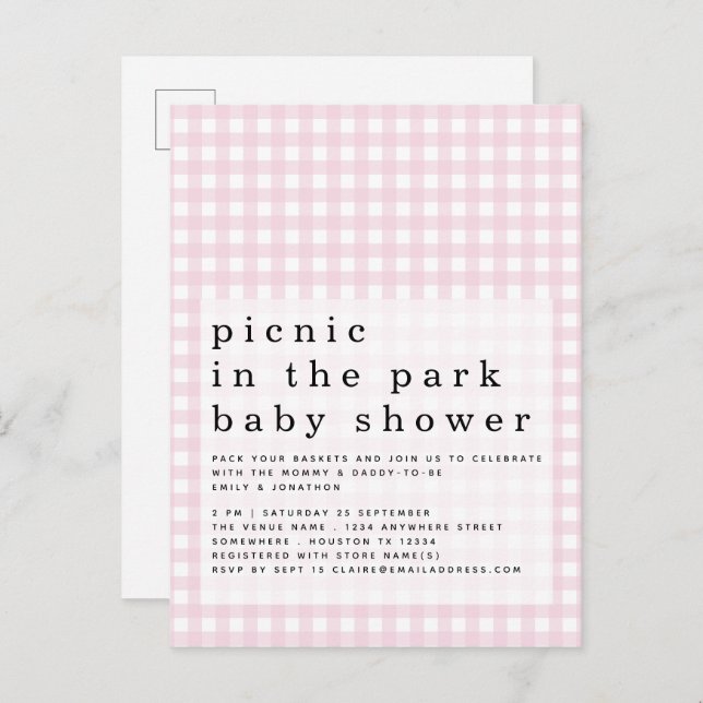 Picnic in Park Baby Dusche Pink Gingham Einladung Postkarte (Vorne/Hinten)