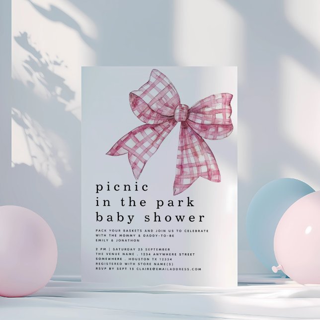 Picnic in Park Pink Gingham Bow White Baby Shower Einladung (Von Creator hochgeladen)