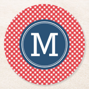 Picnic Red Country Gingham Personalization Monogra Runder Pappuntersetzer