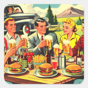 Picnic Retro Comic Quadratischer Aufkleber