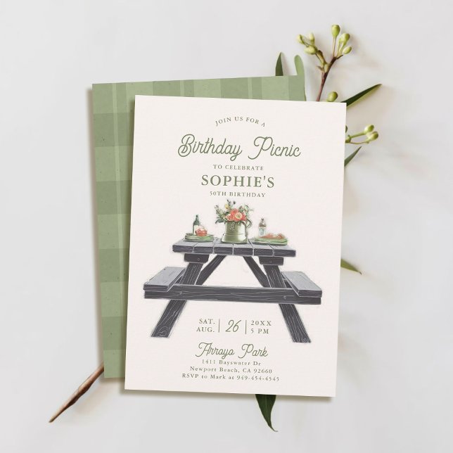 Picnic Table Summer Elegant Moderne 50. Geburtstag Einladung (50th birthday invitation picnic summer spring fall casual modern classy chic watercolor.)