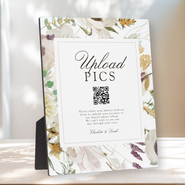 PICS KOMMEN! Moderne Frühlingshochzeit QR Code-Gal Fotoplatte (PICS HAPPEN! Modern Spring Boho Floral Watercolor Wedding QR Code Gallery Plaque)