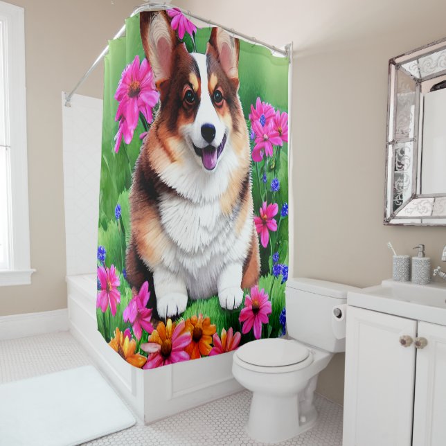 Picturesque Floral Corgi Duschvorhang (Beispiel)