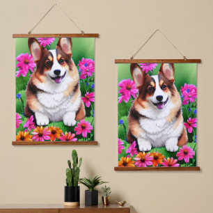 Picturesque Floral Corgi Wandteppich Mit Holzrahmen