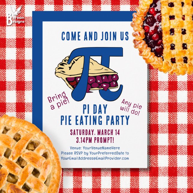 Pie Eating PI DAY Party Einladung (Fun PI DAY party invitation featuring cherry pie and PI math symbol. Matching party supplies.)