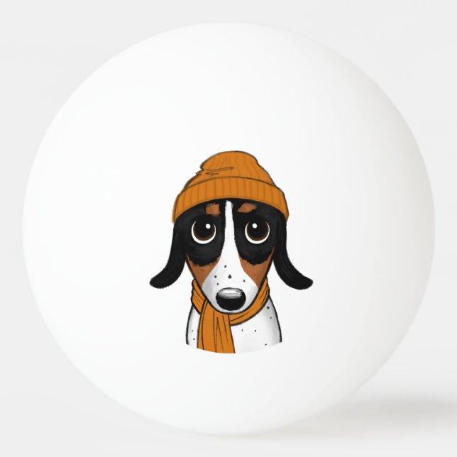 Piebald Dackel Hund mit Beanie Cap Tischtennisball (Vorderseite)