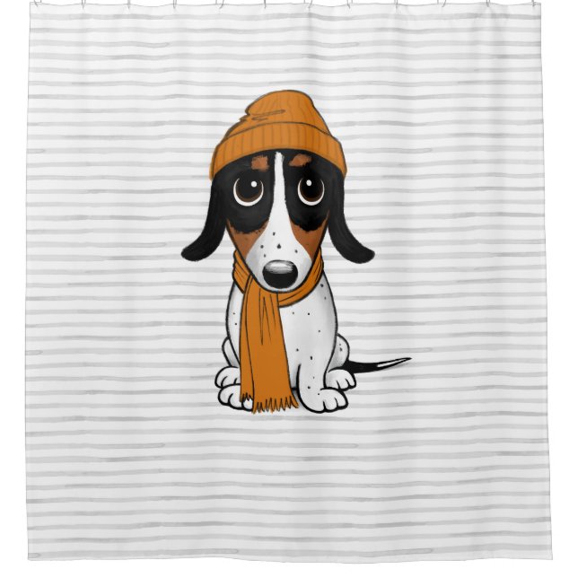 Piebald Dackel Niedlich Hipster Dog Cartoon Duschvorhang (Vorderseite)
