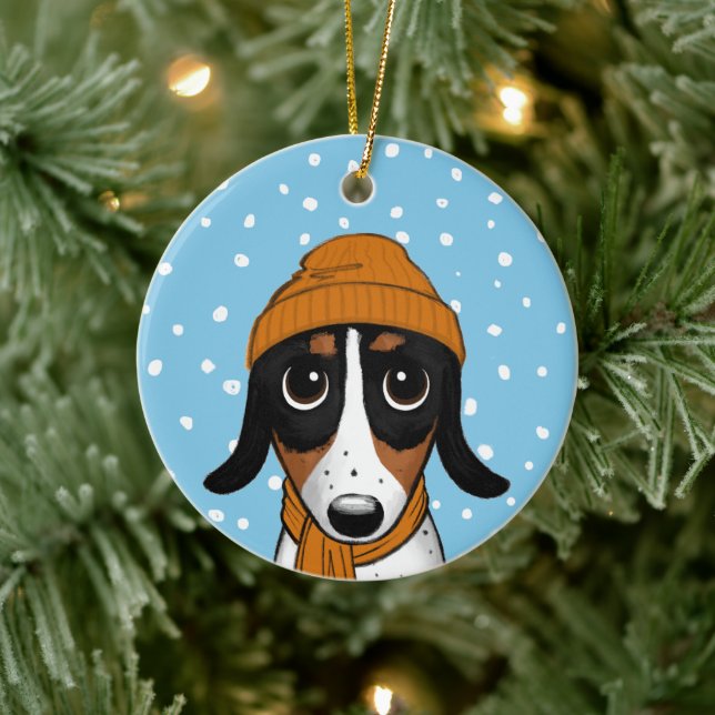 Piebald Dackel Niedlicher Winterhund Keramik  Keramik Ornament (Baum)