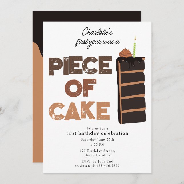 Piece of Cake Invite 1st  First Birthday Cute Einladung (Vorne/Hinten)