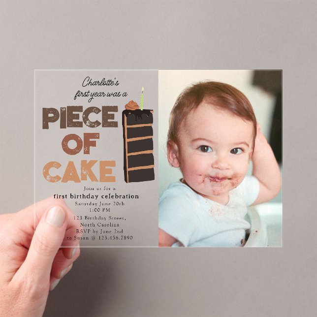 Piece of Cake Invite 1st  First Birthday Photo Acryleinladungen (Insitu (Handheld))