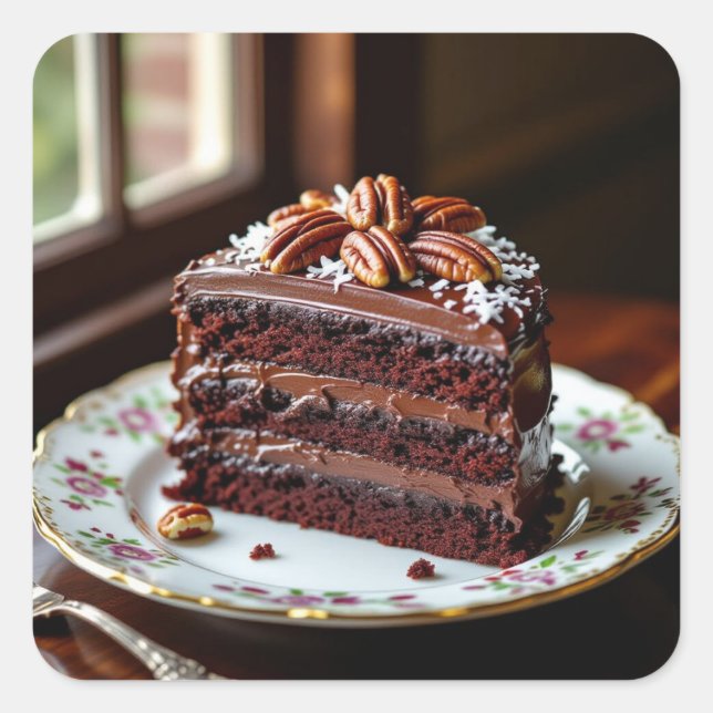 Piece of German Chocolate Cake on a Fancy Plate Quadratischer Aufkleber (Vorderseite)