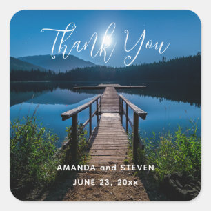 Pier bei Nacht unter einer Vollmondhochzeit Danke Quadratischer Aufkleber