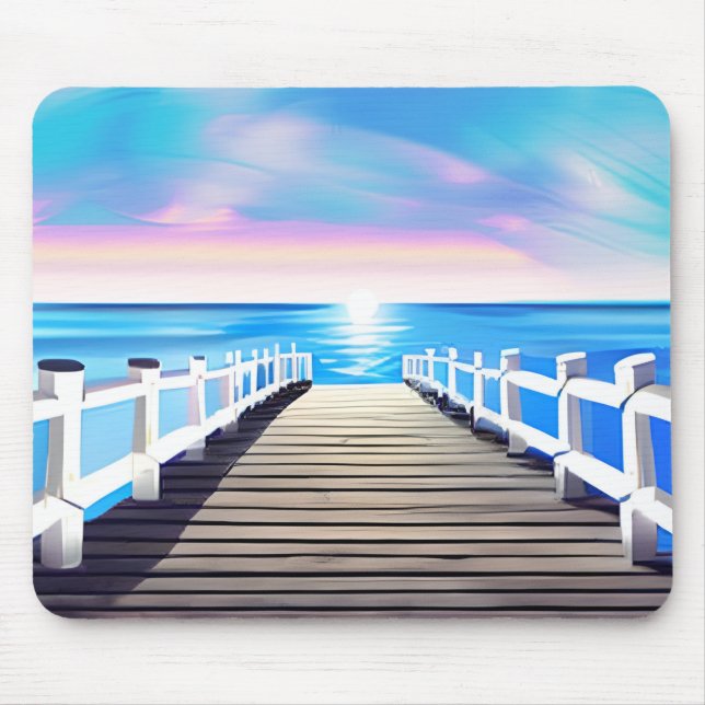 Pier, Ozean und Himmel bei Morgendämmerung Mousepad (Vorne)