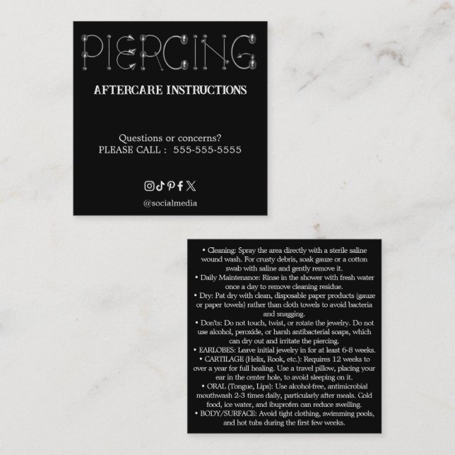 Piercing Aftercare Instructions Business Card Quadratische Visitenkarte (Vorne/Hinten)