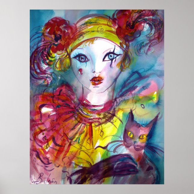 PIERO MIT KATZE/Venezianischen Maskeramikmasken Poster (Vorne)