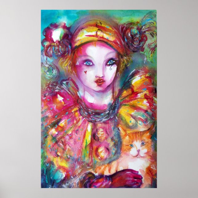 PIERO MIT KATZE/Venezianischen Maskeramikmasken Poster (Vorne)