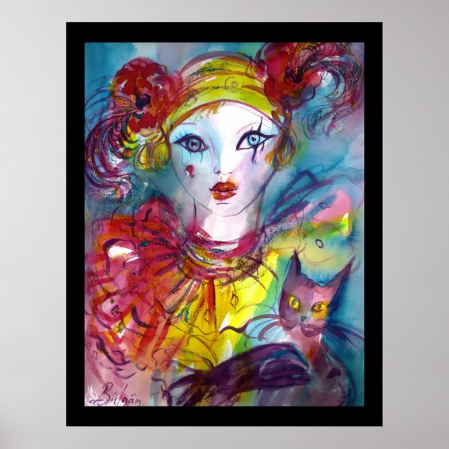 PIERO MIT KATZE/Venezianischen Maskeramikmasken Poster (Vorne)