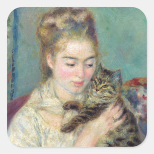 Pierre-Auguste Renoir - Frau mit einer Katze Quadratischer Aufkleber