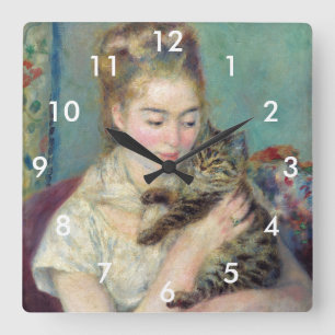 Pierre-Auguste Renoir - Frau mit Katze Quadratische Wanduhr