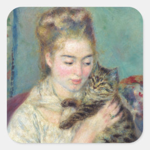 Pierre-Auguste Renoir - Frau mit Katze Quadratischer Aufkleber